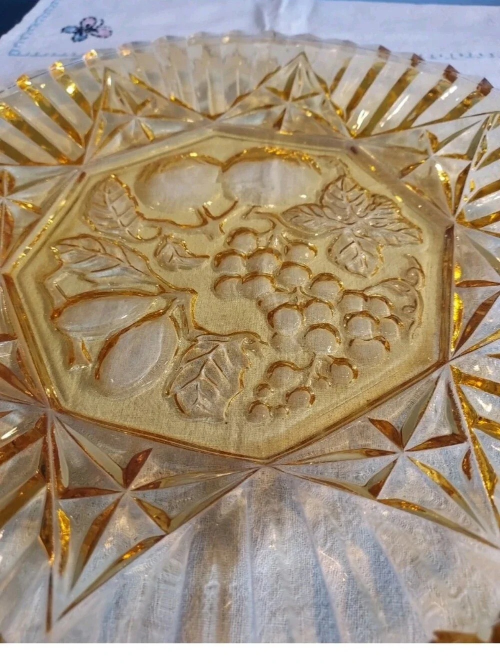 Vintage Federal Glass Serving Platter Plate Pioneer Yellow Amber Fruit 11 1/2